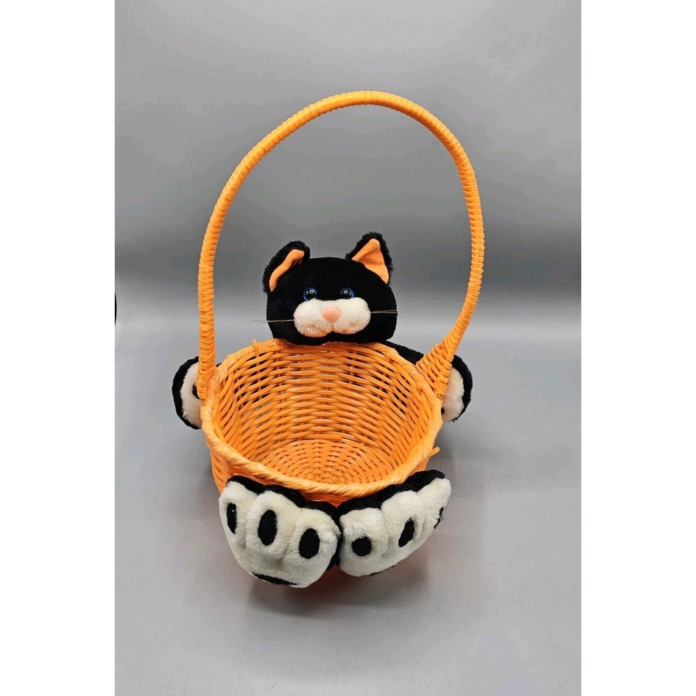 Vintage Topstone Industries Orange‎ Halloween Candy Basket W/ Black Cat Plush